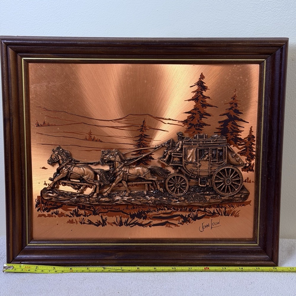 John Louw Handmade Western Americana Stagecoach Copper Relief Wall Décor